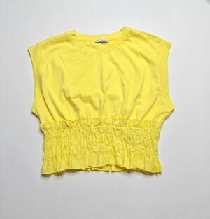 Zara Yellow Smocked Waist Cropped Muscle Tee Shirt Top Size Large